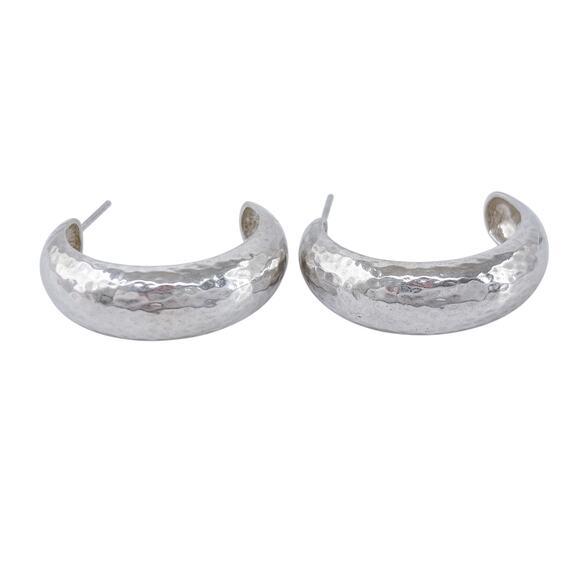 Estate Sterling Silver 925 Hammered Half Hoop Earrings - Picture 4 of 9